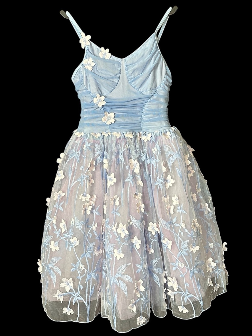 Fairy Costume Dress Blue Floral Embroidered Sheer Tulle Knee Length Adult Medium